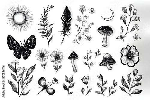 Whimsical Garden Illustration: A collection of delicate illustrations, showcasing the enchanting beauty of nature through whimsical drawings, featuring sun, moon, flowers and plants. 