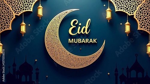 Eid Mubarak Card Design with Golden Crescent Moon and Decorative Lanterns, At the center is a striking golden crescent moon with intricate designs on blue background.