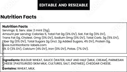 Nutrition Facts Label design template for food content. Vector serving, fats and diet calories list for fitness healthy dietary supplement, protein sport nutrition facts American standard guideline