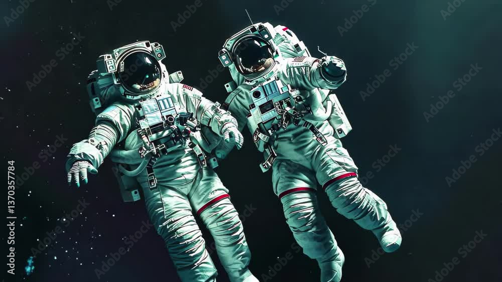 Two astronauts float in the dark expanse of space, engaged in a spacewalk amidst a backdrop of stars and cosmic phenomena, showcasing human exploration beyond Earth. Two astronauts float in the dark expanse of space, engaged in a spacewalk amidst a backdrop of stars and cosmic phenomena, showcasing human exploration beyond Earth.