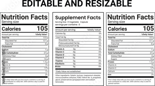 Nutrition Facts Label design template for food content. Vector serving, fats and diet calories list for fitness healthy dietary supplement, protein sport nutrition facts American standard guideline