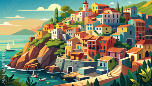 Magnificent daily view of the Manarola village in a sunny summer day. Manarola is one of the five famous villages in Cinque Terre (Five lands) National Park. Liguria, Italy, Europe