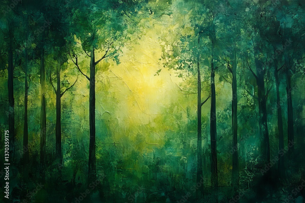 Naklejka premium a painting of a mystical forest scene, featuring lush green trees and a radiant light in the center.