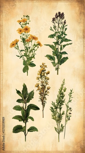 Vintage Botanical Collection: A collection of elegantly illustrated botanical specimens, showcasing the delicate beauty and intricate details of diverse plants.