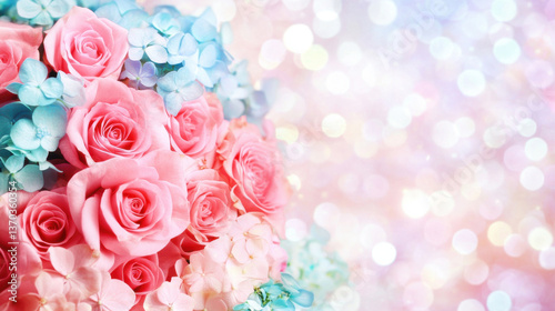 Beautiful pink roses and blue hydrangeas create stunning floral arrangement, evoking sense of joy and elegance