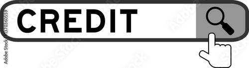 Search banner in word credit with hand over magnifier icon on white background