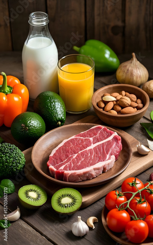 A fresh beef steak and variety of healthy foods arranged on a table.