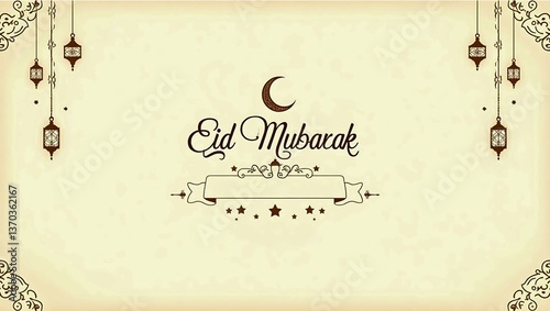 Eid Mubarak Card with Golden Crescent Moon, Hanging Lanterns, and Mosque Silhouettes on soft yellow background, space for text