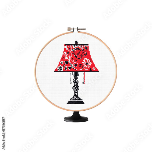 Cross Stitch Pattern Red and Black Table Lamp with Floral Design
