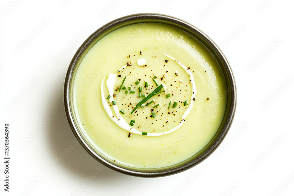 a bowl of soup with a spoon and a sprig of chives a bowl of soup with a spoon and a sprig of chives