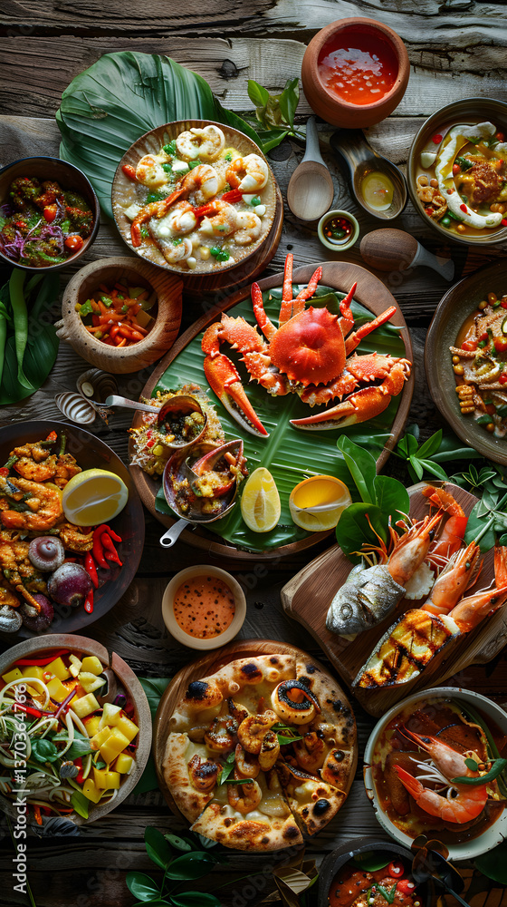 Fototapeta premium An Exotic Culinary Journey: Vibrant Spread of Traditional Zanzibar Dishes