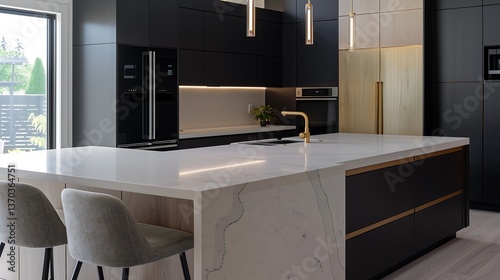 A high-end modern kitchen design with a futuristic touch, glossy black and gold finishes, under-cabinet ambient lighting, a waterfall-edge quartz island, smart touch appliances