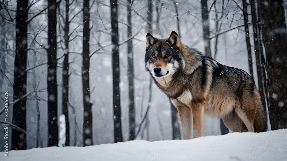 A lone wolf stands in a snowy forest, snowflakes gently falling around, its piercing gaze exuding strength and mystery. A perfect scene for wildlife and winter themes. A lone wolf stands in a snowy forest, snowflakes gently falling around, its piercing gaze exuding strength and mystery. A perfect scene for wildlife and winter themes.