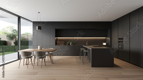 A stylish modern kitchen with a minimalist design, dark matte cabinets contrasting with light wooden flooring, a spacious open layout with a large kitchen island