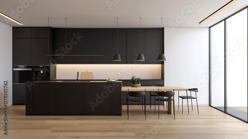 A stylish modern kitchen with a minimalist design, dark matte cabinets contrasting with light wooden flooring, a spacious open layout with a large kitchen island