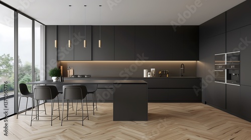 A stylish modern kitchen with a minimalist design, dark matte cabinets contrasting with light wooden flooring, a spacious open layout with a large kitchen island
