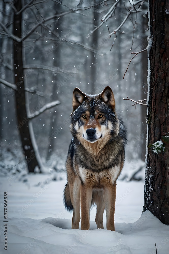 A lone wolf stands in a snowy forest, snowflakes gently falling around, its piercing gaze exuding strength and mystery. A perfect scene for wildlife and winter themes. A lone wolf stands in a snowy forest, snowflakes gently falling around, its piercing gaze exuding strength and mystery. A perfect scene for wildlife and winter themes.
