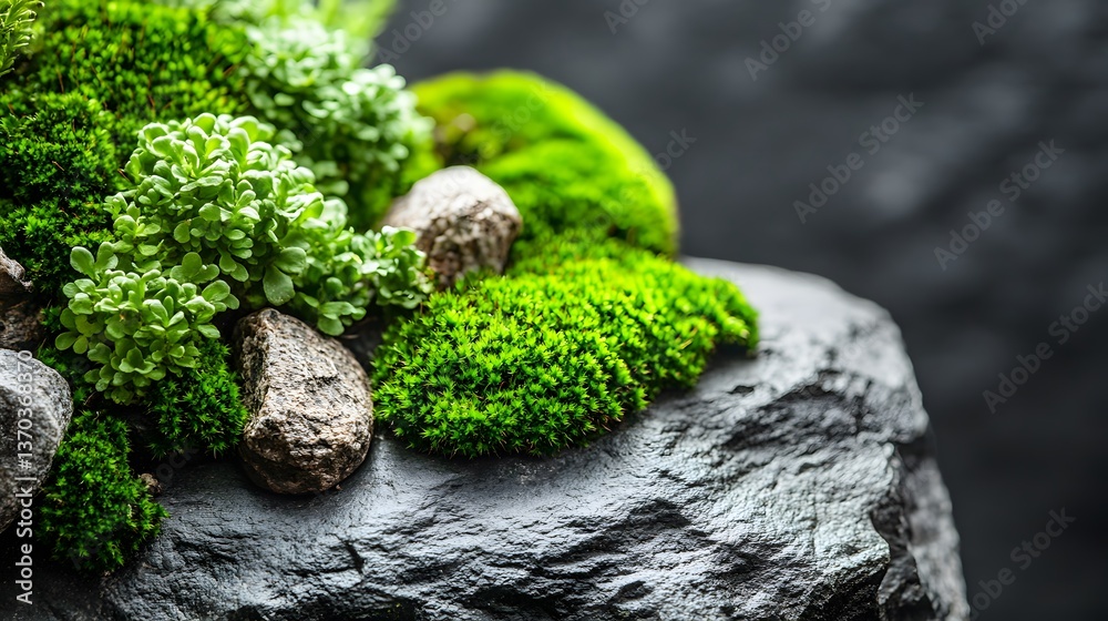 Lush Green Moss Growing on Dark Grey Rock Lush Green Moss Growing on Dark Grey Rock