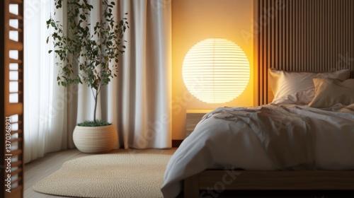 Tranquil bedroom with natural light and warm ambiance.  A peaceful space with a focus on natural materials and calming colors