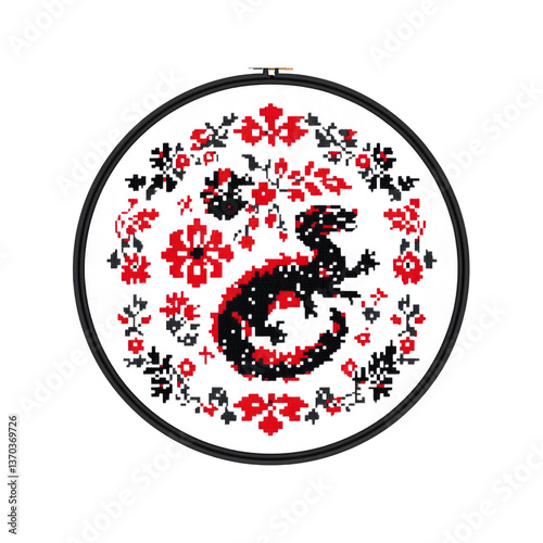 Embroidered Dragon and Floral Motif on Black and White Fabric in Round Hoop