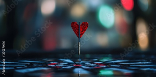 A dart's arrow hit the center of the target with a bokeh background, representing a business plan and the concept of success, achievement, or goal.