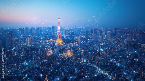 Urban skyline at dawn, interconnected by digital network