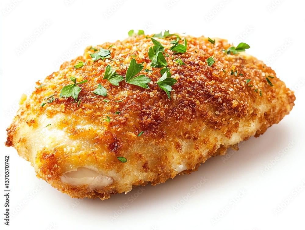 Crispy Fried Chicken Breast Topped with Parsley on White Background Crispy Fried Chicken Breast Topped with Parsley on White Background