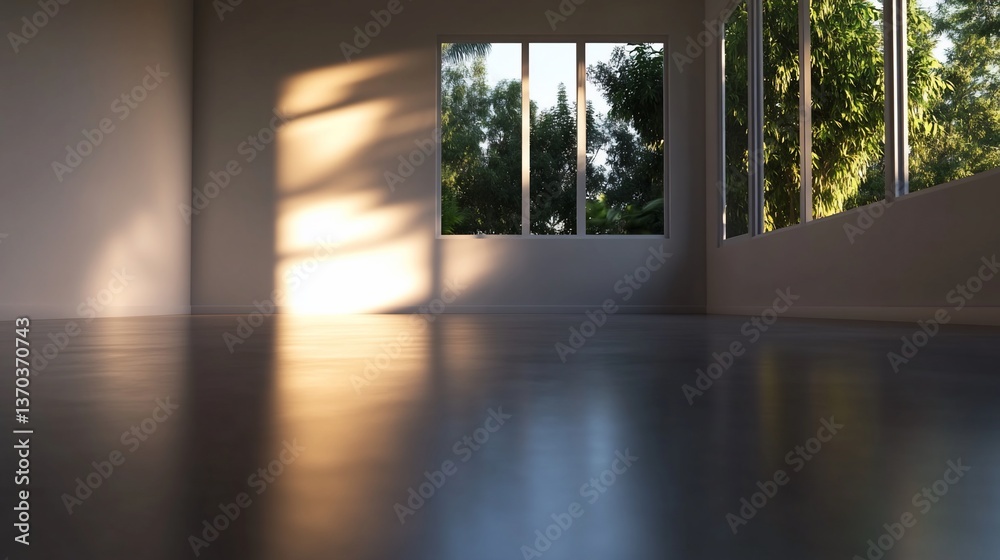Fototapeta premium Sunlit modern minimalist interior space with nature view through large windows