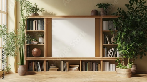 A warm, sun-drenched room featuring a wooden bookcase with a blank canvas, plants, and books