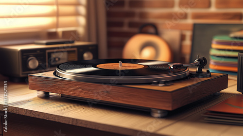 Illustration vintage détaillée d’une platine vinyle en ambiance rétro
