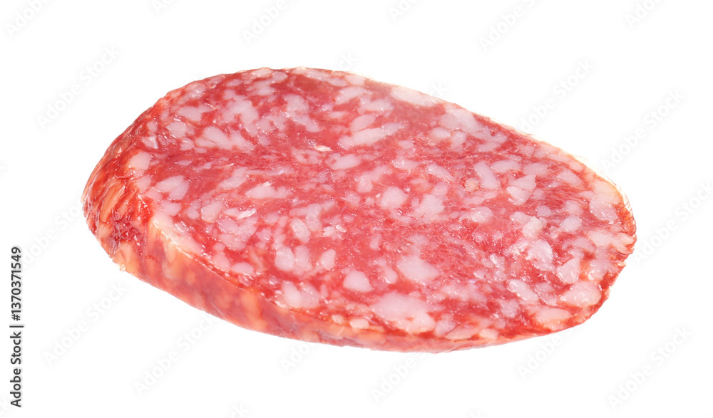Piece of delicious smoked sausage isolated on white Piece of delicious smoked sausage isolated on white