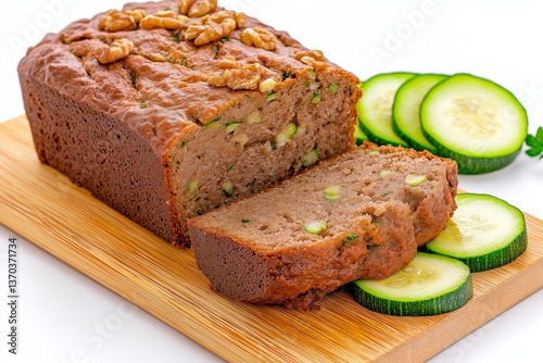 Homemade Zucchini Bread with Walnuts on Wooden Cutting Board, Moist Loaf Sliced to Reveal Interior, Zucchini Slices Beside It, Healthy Baking, Comfort Food