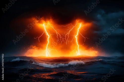 Dramatic Lightning Storm Over the Ocean, Nighttime Thunderstorm with Striking Lightning Bolts Above a Turbulent Sea, Natural Power and Stormy Weather