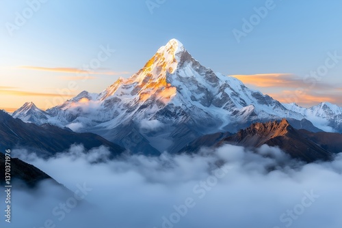 Snow-Capped Mountain Range at Sunrise, Golden Dawn Light Over Misty Valleys, Panoramic View of Majestic Peaks, Scenic Landscape, Morning in the Mountains