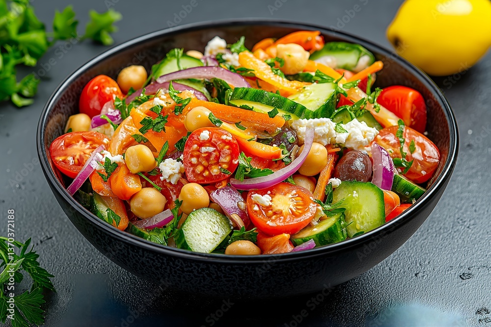 Mediterranean Chickpea Salad with Cucumbers, Cherry Tomatoes, Red Onions, Kalamata Olives, Feta, Lemon-Herb Dressing, and Fresh Parsley, Healthy Vegetarian Meal Mediterranean Chickpea Salad with Cucumbers, Cherry Tomatoes, Red Onions, Kalamata Olives, Feta, Lemon-Herb Dressing, and Fresh Parsley, Healthy Vegetarian Meal