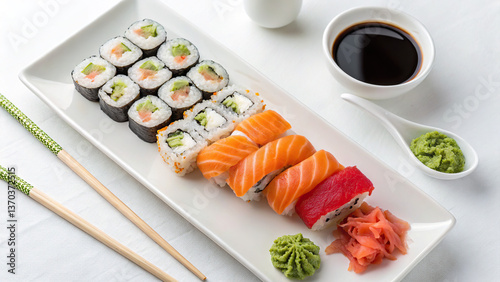 Sushi and rolls, on a white rectangular plate