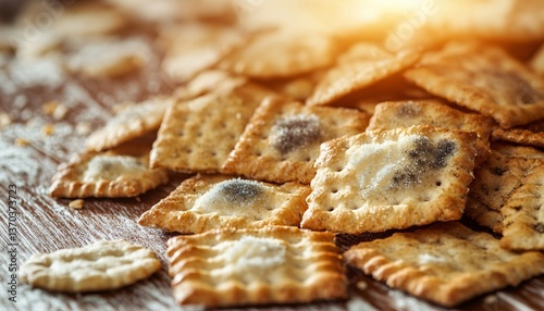 Spoiled crackers displaying prominent mold patches illustrating the consequences of neglected storage and the concept of spoiled food. photo