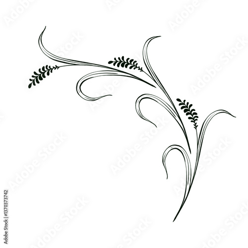 Hand drawn wildflower frame illustration. Decorative wreath with ears of wheat, rustic floral branch. Black and white line for wedding invitation and greeting card.