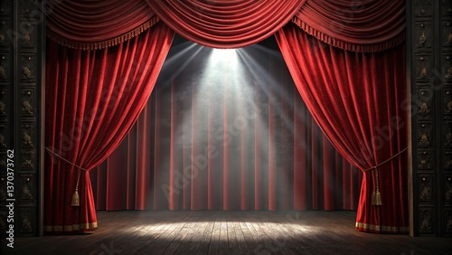 Red Velvet Theater Curtains: Dramatic Stage Opening with Cinematic Lighting & Spotlight Effect