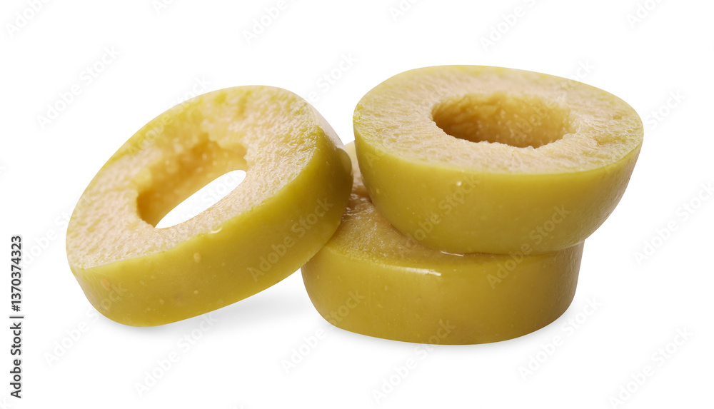 Slices of delicious marinated green olive isolated on white Slices of delicious marinated green olive isolated on white