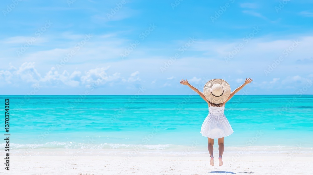 A joyful person in a white dress and straw hat jumps on a sandy beach, embracing the vibrant turquoise ocean and blue sky. A joyful person in a white dress and straw hat jumps on a sandy beach, embracing the vibrant turquoise ocean and blue sky.