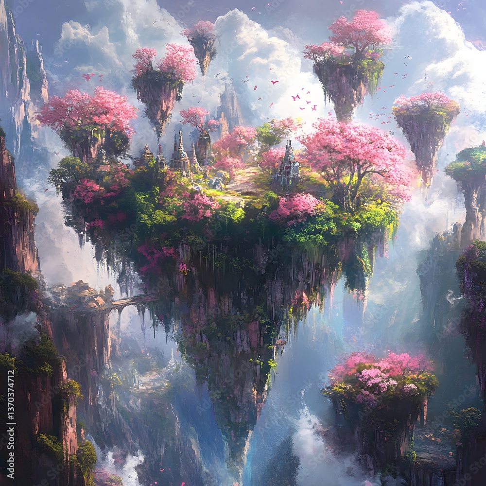 Fototapeta premium Floating Island Paradise with Cherry Blossoms