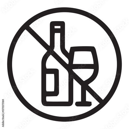 Black icon with wine bottle and glass crossed by diagonal line indicating restriction. Bold line reinforces alcohol ban and clearly communicates prohibition. Alcohol ban and restriction symbol concept