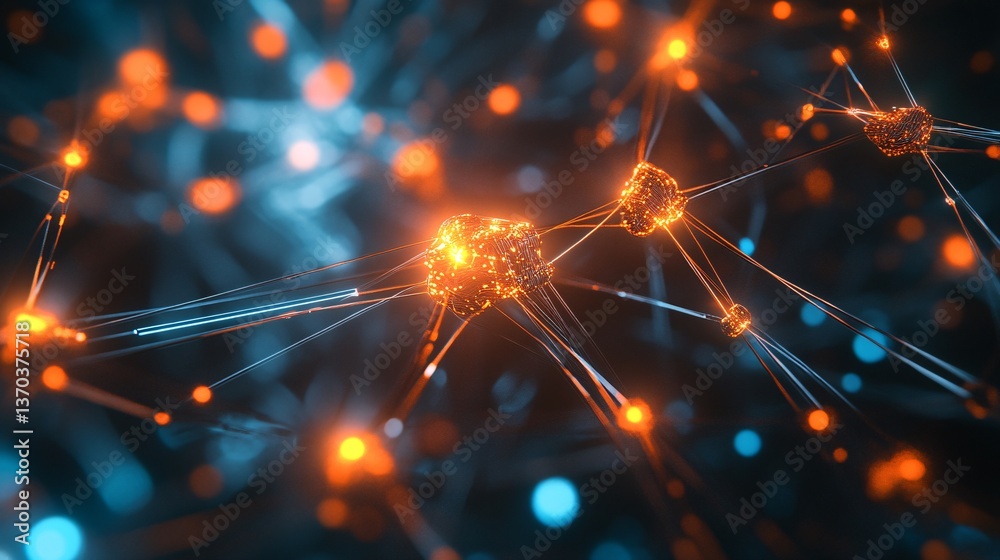 Obraz premium Futuristic visualization of interconnected nodes in a high-tech neural network