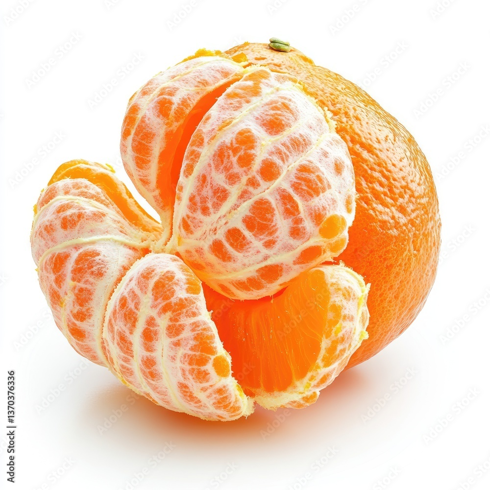 Peeled Mandarin Orange Displaying Juicy Segments On A White Surface With Bright Refreshing Color Peeled Mandarin Orange Displaying Juicy Segments On A White Surface With Bright Refreshing Color