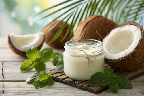 Natural Coconut Oil Skincare Cream with Fresh Coconuts and Mint – Organic Beauty Concept