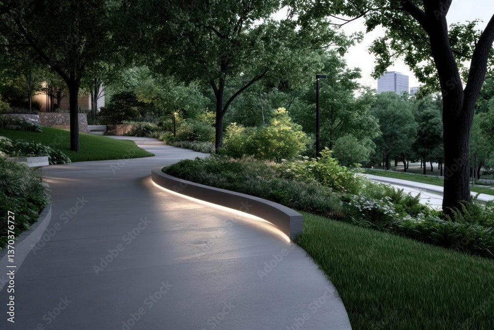 Curving Cement Pathway in Green Park Illuminated by Warm Lighting and Bordered by Lush Greenery Curving Cement Pathway in Green Park Illuminated by Warm Lighting and Bordered by Lush Greenery
