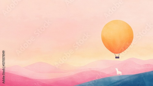 Pastel Hot Air Balloon Landscape, Whimsical hot air balloon over pastel hills