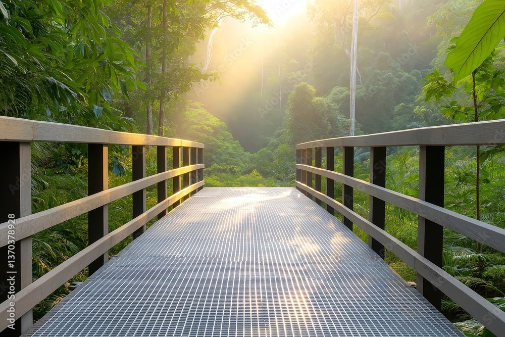 Fototapeta premium Elevated Metal Walkway in Tropical Rainforest at Sunrise, Golden Rays Through Misty Treetops, Lush Green Foliage, Serene Atmosphere, Inviting Pathway, Nature Exploration, Jungle Adventure