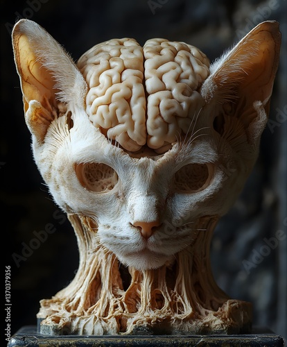 Mind of a Feline: A thought-provoking artwork unveils the intricate anatomy of a cat's head, with a detailed representation of its brain.